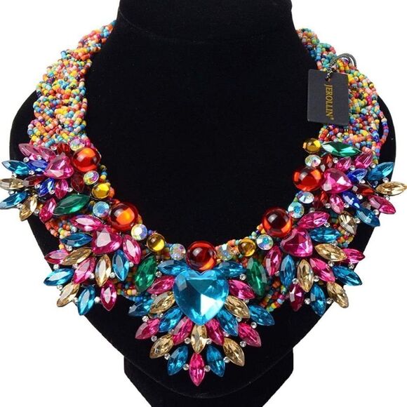 Yellow Gold with Multicolor Austrian Crystal & Beaded Chunky Collar Bib Necklace - Picture 5 of 6